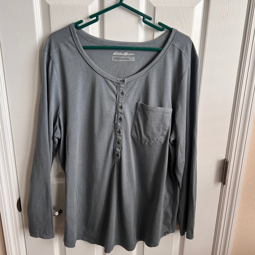 Eddie Bauer Henley Shirt‎ Long Sleeve Button Up Pocket Top Womens 2XL